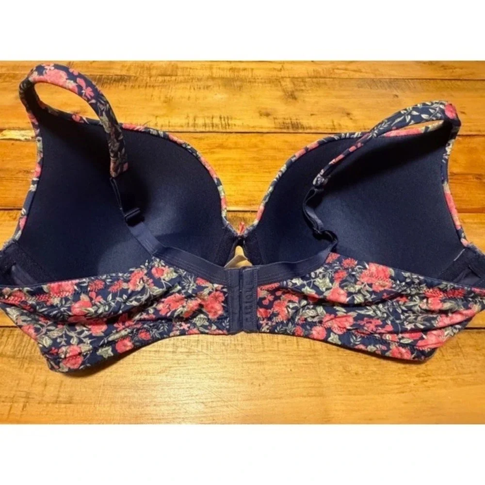 Cacique Navy Blue Pink Floral Full Coverage‎ Boost Plunge Bra 44D
